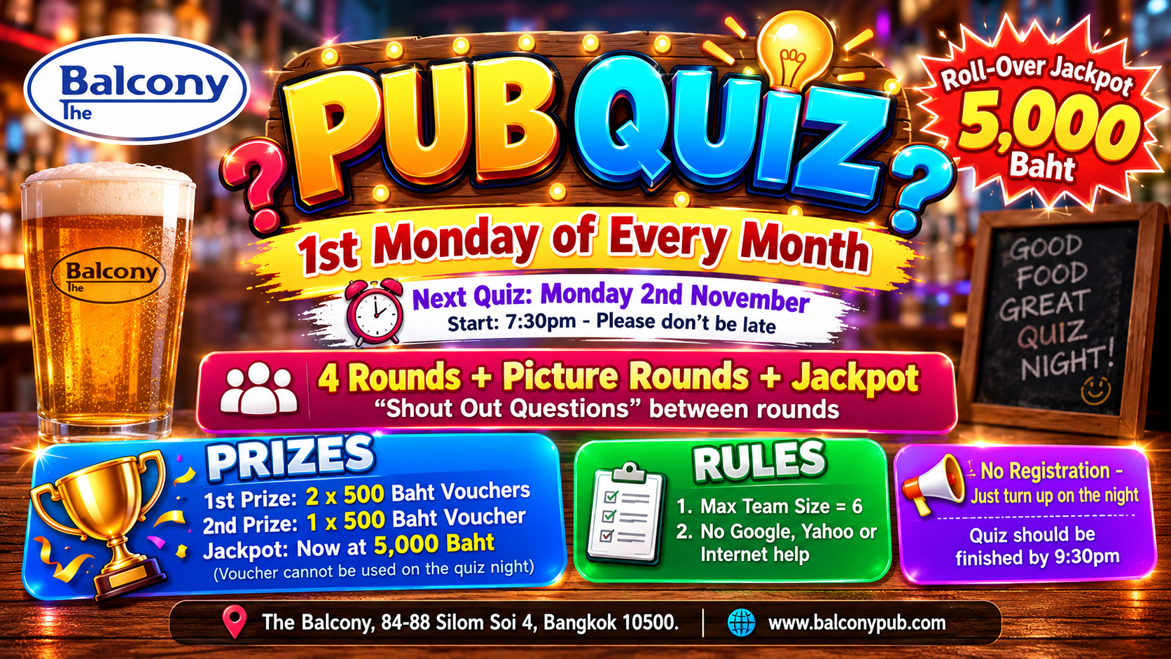 Neon Balcony Pub Quiz Night Poster The Balcony Pub | Silom Soi 4 Gay Pub & Restaurant in Silom Soi 4